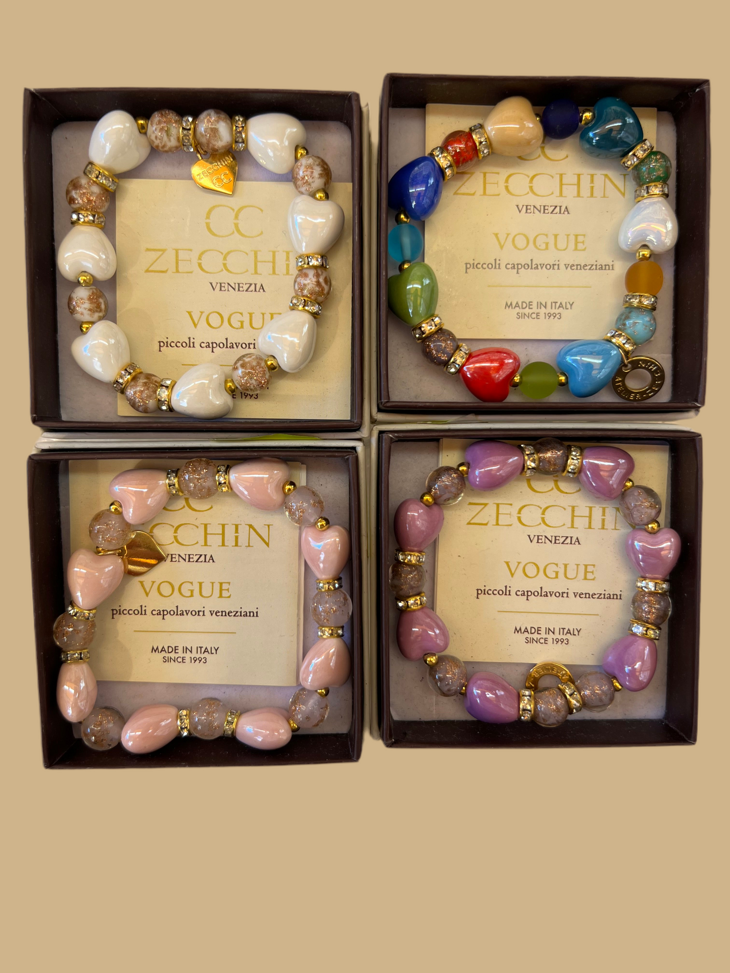 BRACCIALI IN VETRO DI MURANO CON PERLE A CUORE